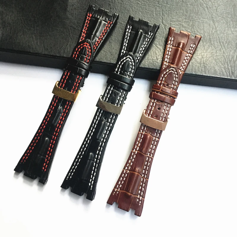 

Brands 28MM*18MM AP Watchbands Black Brown double stitches Genuine Leather Watch Straps With Folding Clasp For Audemars Piguet
