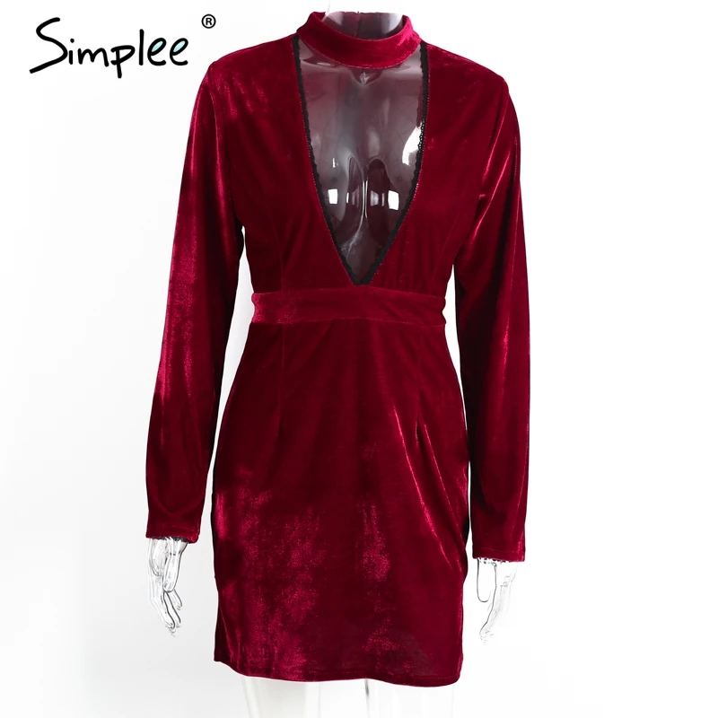 Осенне зимнее женское платье Simplee кружевное бархатное бодикон с завязкой на шее