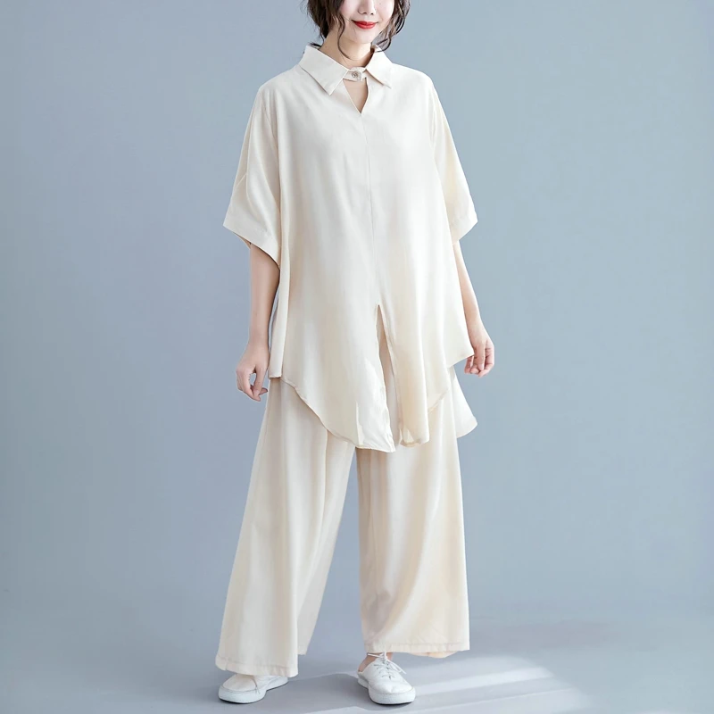 Casual Loose Fat Mm + Wide-legged Blouse Shirt Gray Pink Black Apricot 9168 | Женская одежда