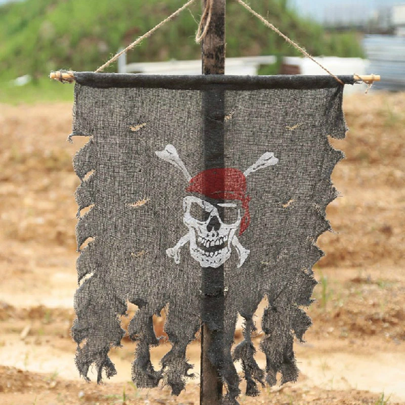 Tattered Cotton Creepy Pirate Flag Decoration Party Accessory Pirate Skull and Crossbones With Wooden Rod Flag Halloween Decor