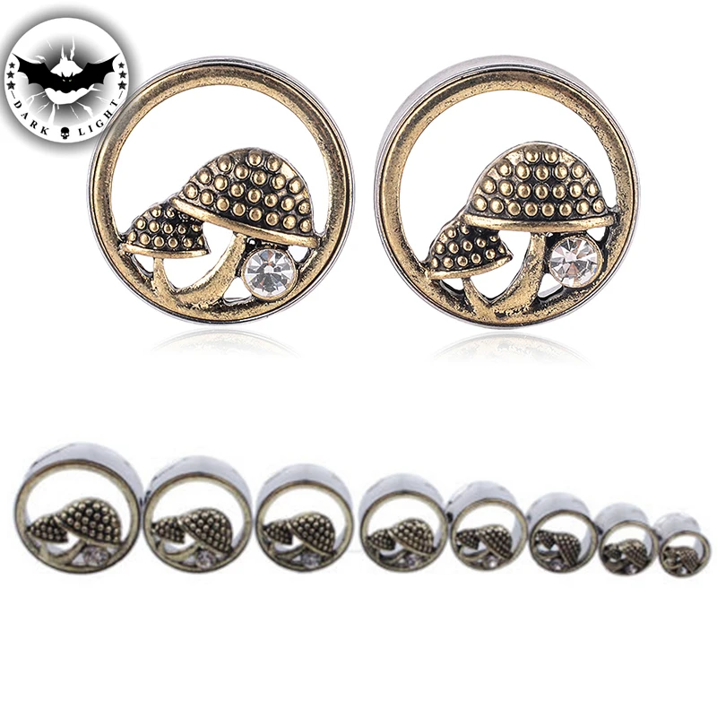 1Pair Ear Tunnel Mushroom Crystal Stainless Steel Plugs Saddle Gauges