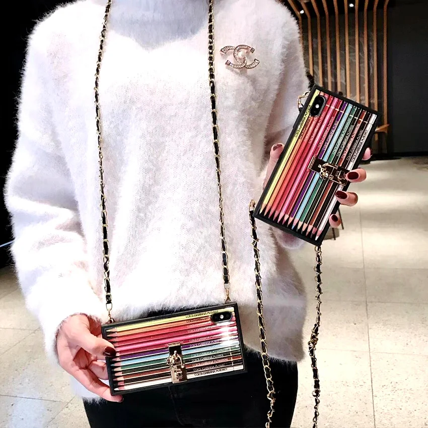 Luxury Girl 2in1 Hand Phone Rainbow Case Cover with long Strap chain necklace For XR XS MAX X 6S 6 8 7 plus case (11)