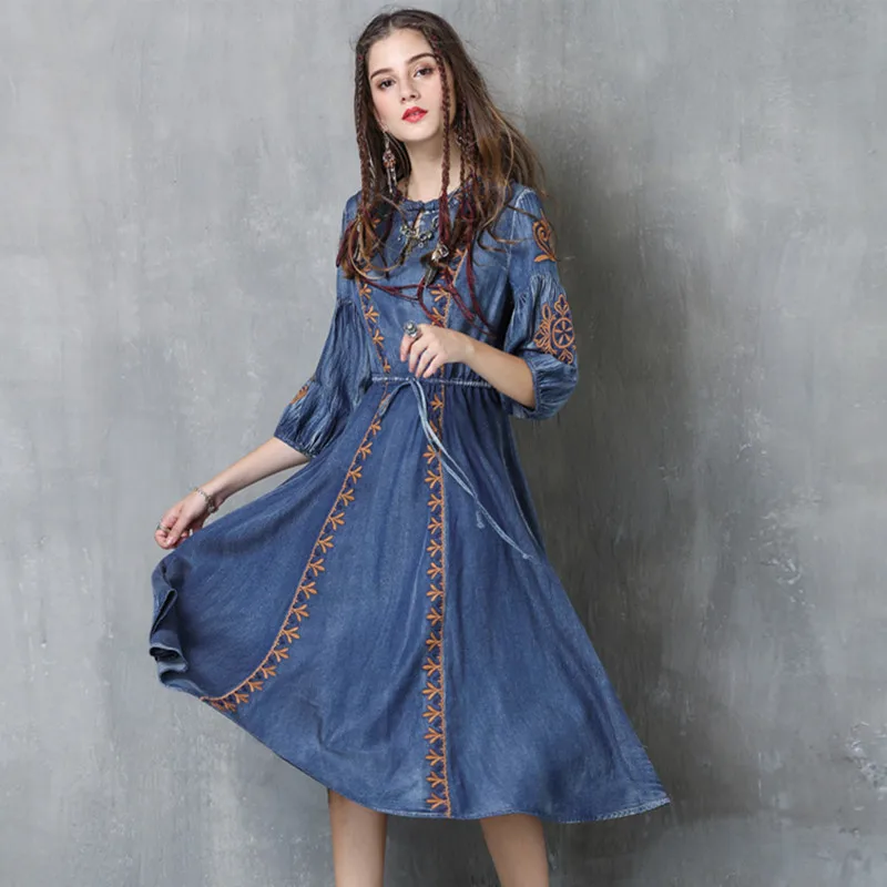 Women Embroidery Vintage Denim Dress 2017 New Autumn 3/4 Sleeve Boho ...
