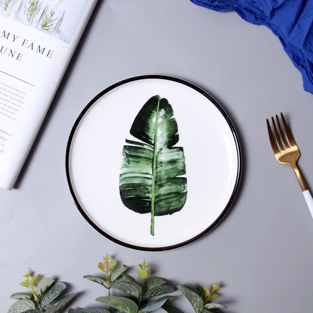 1 шт. 8 дюймов зеленые растения дизайн фарфоровая обеденная тарелка, столовая посуда набор посуды керамическая десертная тарелка столовая посуда торт тарелка подарок - Цвет: F