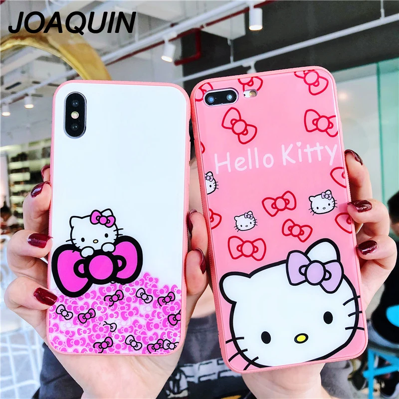 

Cute Cartoon Hello Kitty Soft side Silicone Case For iphone 7 8 6 6s Plus tempered glass Back Cover for iphone X Xr Xs Max Coque