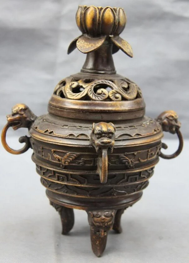 

song voge gem S0744 Chinese Buddhism Temple Copper Bronze lotus flower Beast incense burner Censer