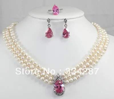 

stunning 3 row 6-7mm white pearl & pink zircon pendant necklace ring set