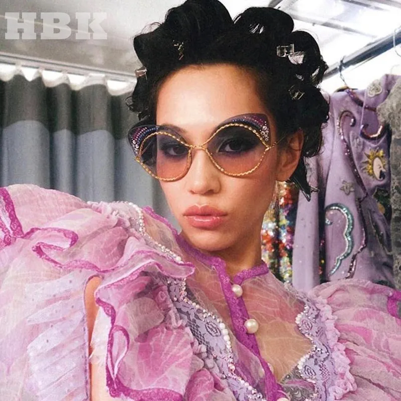 

HBK Fashion Metal Frame Cat eye Sunglasses Women Crystal Luxury Brand Designer Sun Glasses Female vintage Oculos De Sol Feminino