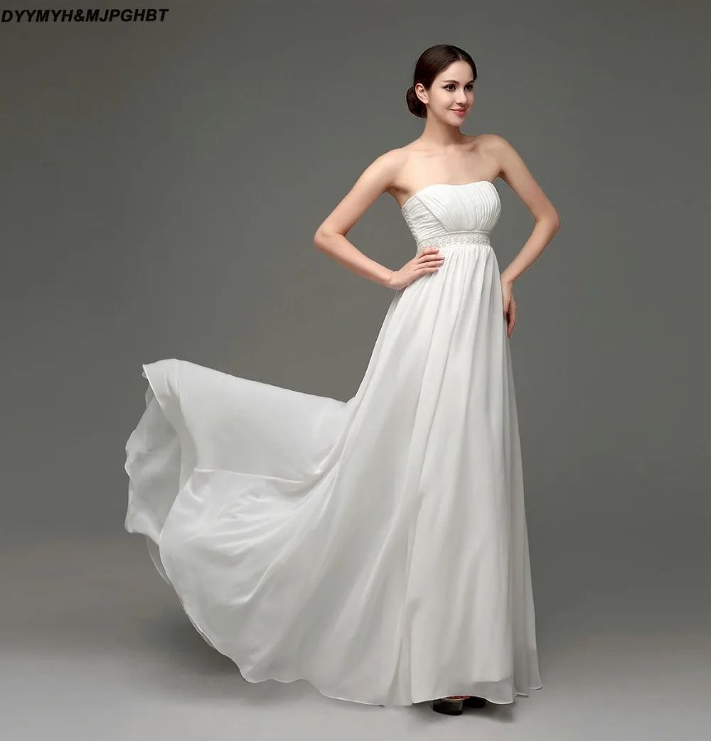 White Chiffon Beach Bridal Gowns Strapless Pleat top Pearls Belt Long Wedding Dresses 2018