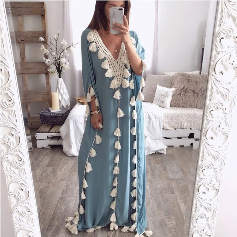 

Women Summer Dress Bohemian Tassel Loose Dress Female V-neck Long Beach Dress