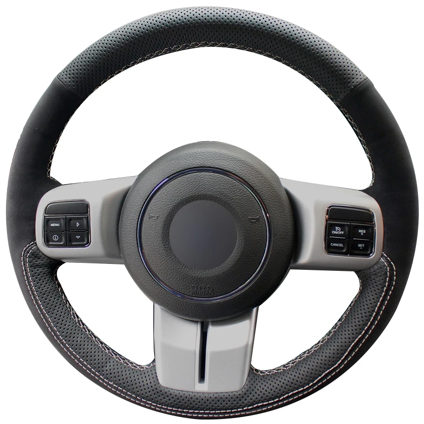 Black Natural Leather Black Suede Car Steering Wheel Cover for Jeep