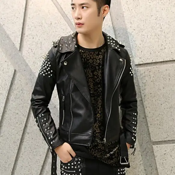 

male leather jacket outerwear personality rivet leather jackets mens costume men's motorcycle short coats fashion singer stage