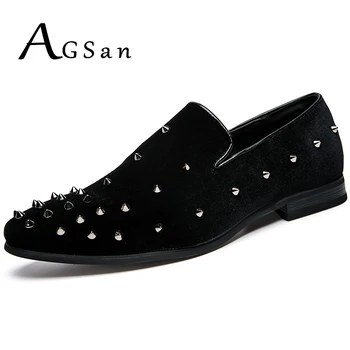 

AGSan Autumn Italian Handmade Men Loafers Rivets Spiked Casual Shoes Male Red Bottom Dress Shoes Slip On Black Smoking Slippers