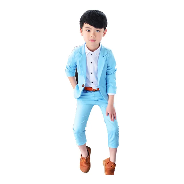 Boys Candy Color Casual Tuxedos Kids Spring Solid Formal Wedding Suit Brand Fashion Kids Blue & Pink Suit 2pcs pant+coat