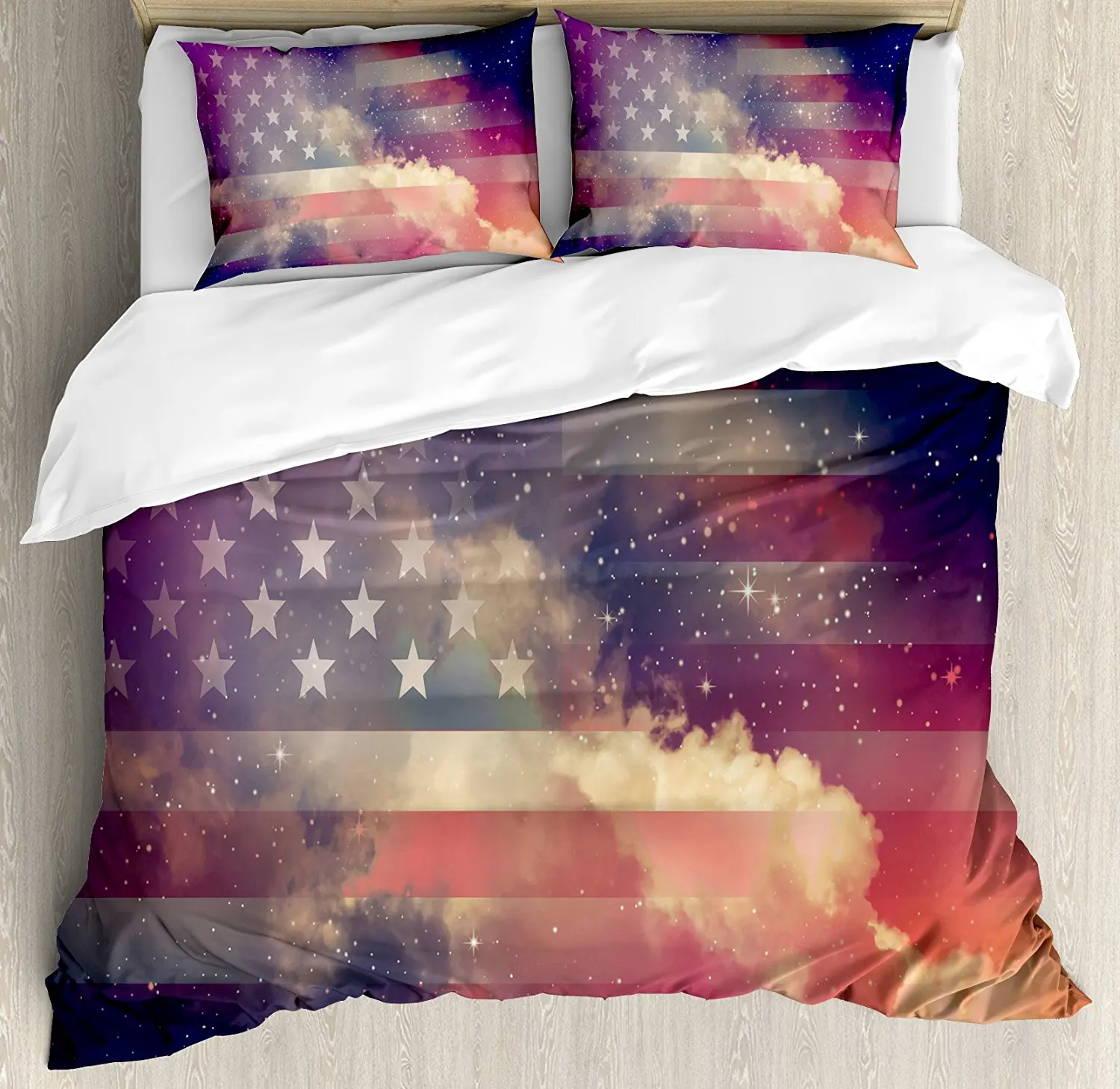 

American Flag Decor Duvet Cover Set Exposure Usa National in Outer Space Night Cloudy Free Universe Display 4 Piece Bedding Set