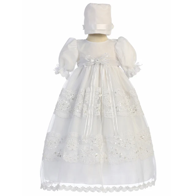 Cheap With Hat Baby Girl Christening Dress European Style Short Sleeves Tulle O-Neck Flowers Baby Baptism Gowns Vestidos Bebes Ninas