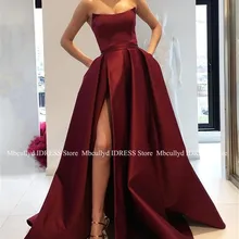 Роскошные атласные Выпускные платья Burgundy с карманами с разрезом сбоку без бретелек Длинные вечерние платья плюс размер женское вечернее платье