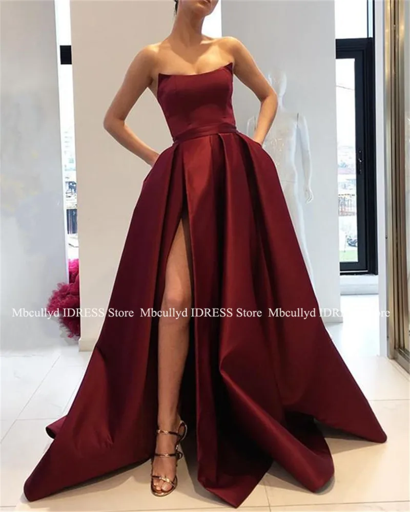 

Luxury Satin Burgundy Prom Dresses with Pockets Side Slit Strapless Long Evening Party Gowns 2019 Plus Size Women Formal Dress