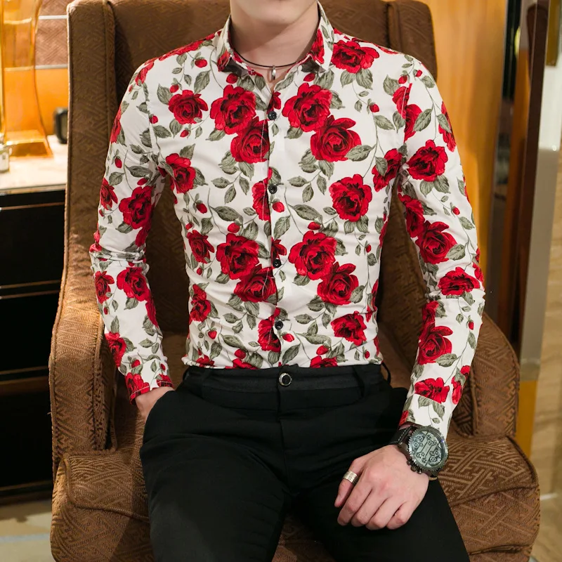Новое поступление, модная Осенняя мужская рубашка, Повседневная рубашка с длинными рукавами и пуговицами для мужчин, рубашки с цветочным принтом с розами