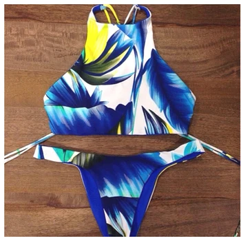 

High Neck Bikini Set Summer New Arrival Printed Sexy Low Waist Patchwork Color Swimsuits Europe And America 2015 Bikinis