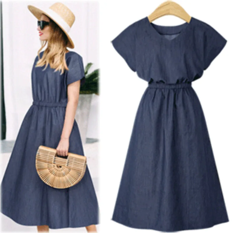 

2019 Fashion New Summer Sexy V Neck Short Sleeve Elastic Waist Elegant Solid Casual High Quality Office Party A-line Dress Women