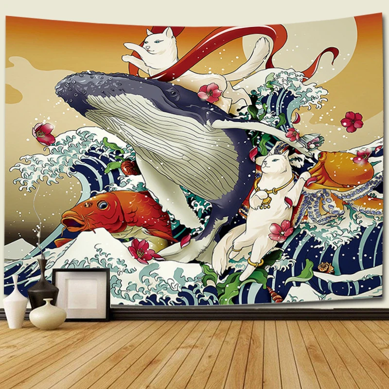 

Japan tapestry style surf fish ukiyo-e wall decorations Kanagawa Waves Printed Hanging Tapestry Whale Macrame Wall Hanging