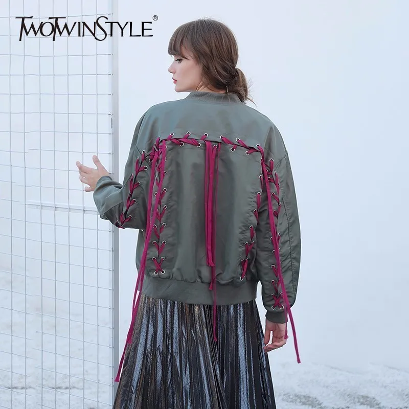 

TWOTWINSTYLE Draw String Jacket Female Stand Collar Zipper Pocket Long Sleeve Oversize Coat Spring Fashion Harajuku 2019 Clothes