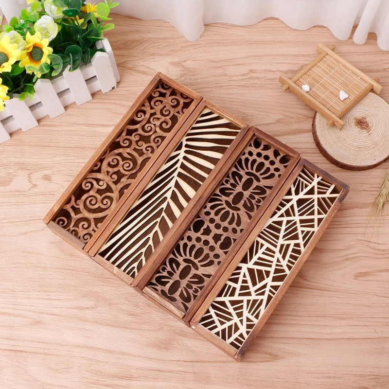 

Retro Wooden Stationery Case Hollow Out Boxes Desktop Pencil Storage Organizer