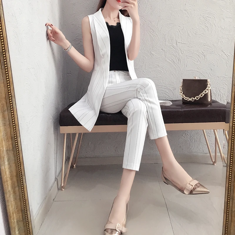 Sleeveless 2 Piece Set Women Striped Women Two Piece Outfits Ol Woman Suits Lady Suit Office Top&pants Set Conjunto Feminino Sleeveless 2 Piece Set Women Striped Women Two Piece Outfits Ol Woman Suits Lady Suit Office Top&pants Set Conjunto Feminino