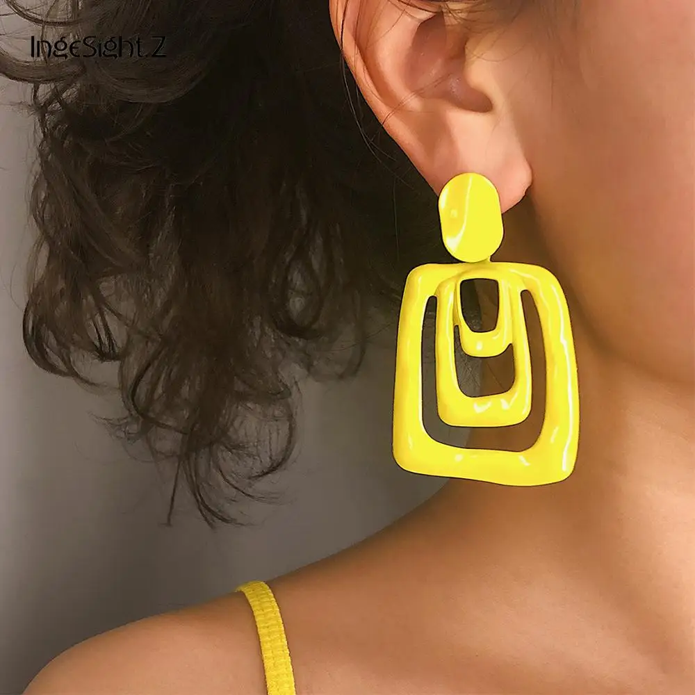 

IngeSight.Z 2019 Vintage Paint Metal Hanging Drop Earrings Punk Exaggerated Hollow Out Square Dangle Earrings for Women Jewelry