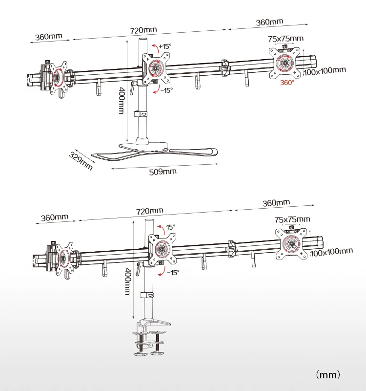 360 повернуть большое основание 10 "-24" 8 кг 100x100 алюминий три ЖК-держатели для монитора Настольный держатель монитор Стенд кронштейн экрана