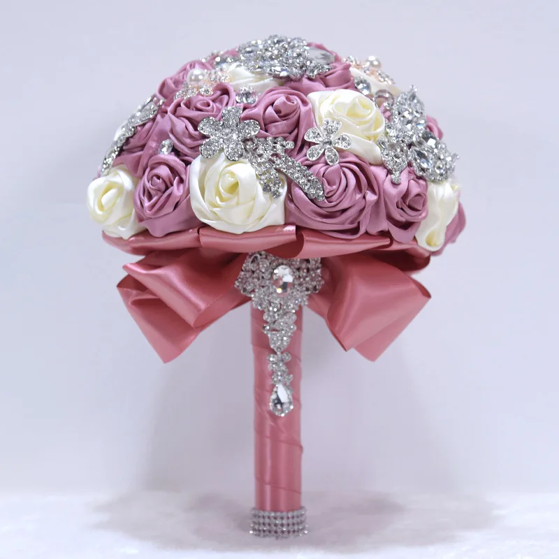 Bling кристалл украшенный атласная роза ручной работы свадебные букеты цветы кристалл брошь ручной работы заказной букет на заказ