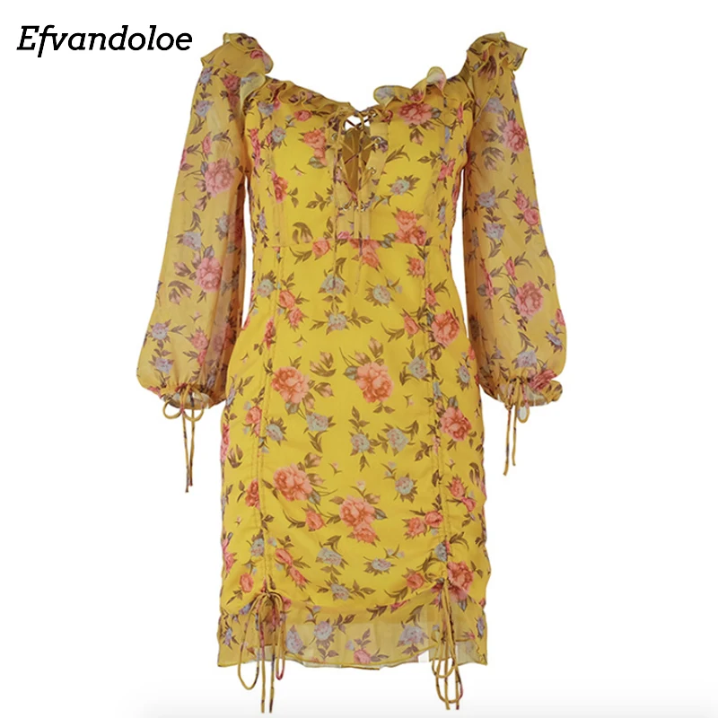 

Efvandoloe Chiffon Floral Women Dress Summer 2019 bandage Long Sleeve Elegant Women Mini Short Dresses