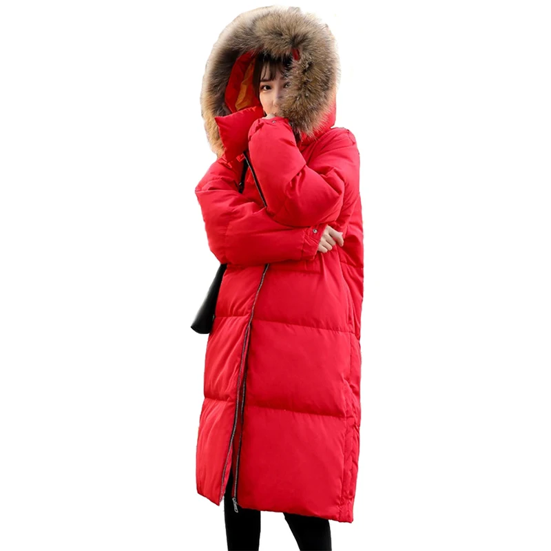 

Winter Parka Women Down Jacket Thick Warm Raccoon fur collar Hooded Tops Loose Large size Female Long White duck down Coats H593