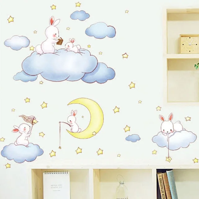 

% Cartoon animal White Clouds Rabbit Star moon Wall Stickers Kids Rooms Baby Bedroom Home Decor Moon And The Stars Wall Decals