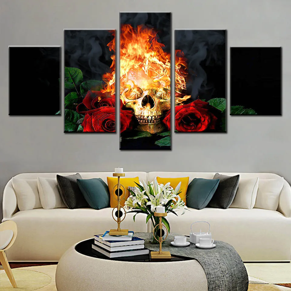 

5 Pieces Halloween Horror Skull Painting Fire Red Roses Poster Wall Art Canvas HD Print Picture Modular Home Decor Frame