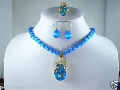 

FREE SHIPPING>>@> Free shipping New Jewelry Blue Jade/Opal Necklace +Blue Zircon Pendant Earring Ring Set Natural jewelry