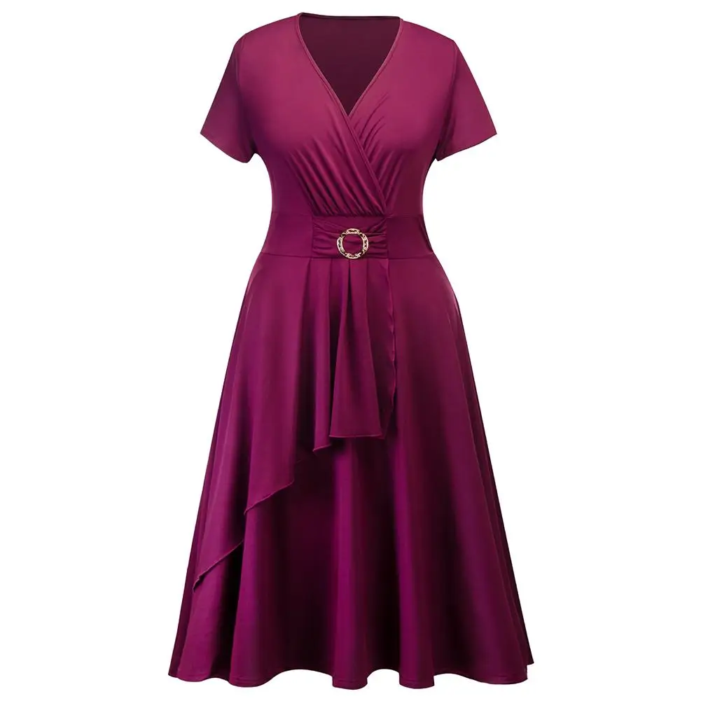 

European And American New Large Size V-Neck Hardware Rhinestone Inlaid Solid Color Piecing Short-Sleeved Ruffle Dress For Women