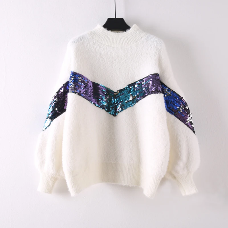 Mohair Women's Sweater Female Pullovers2019 Spring Fall Korean Style Loose Thick College Winter Sweaters Coat Black White Bling | Женская