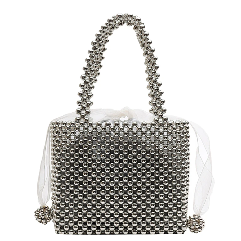 

Retro Imitation Pearl Small Handbag Ribbon Bow Woven Handbag Fashion Beaded Bag