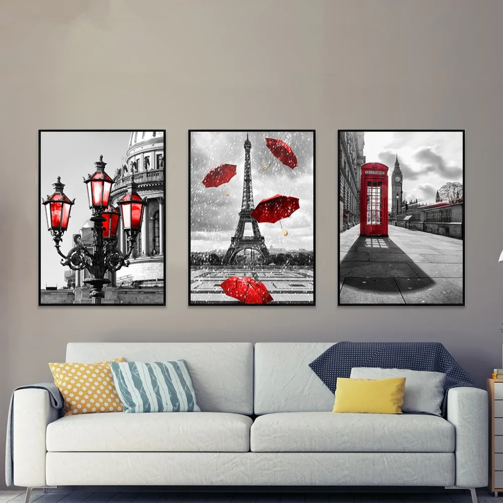 

Black and White Tower Red Umbrella Canvas Painting Paris Street Wall Art Poster Prints Decorative Picture Living Room Unframed