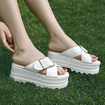 

Women's platform sandals genuine leather shoes metal buckle slip-on sandalias brand designer footwear 2018 summer slides shoes