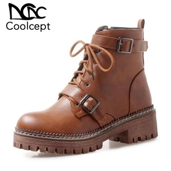 

Coolcept Size 33-44 Women High Heels Boots Metal Buckle Winter Woman Shoes Cross Strap Ankle Boots Fashion Warm Ladies Shoes