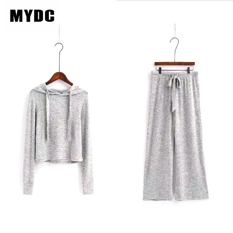 MYDC мягкие пижамы Твердые с капюшоном полный рукав Топ Длинные брюки для женщин Хлопок Домашняя одежда стрейч свободные - Цвет: Серый
