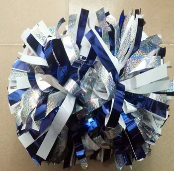 

1Piece Cheerleader Pom poms 6" Baton Handle Metallic Royal Blue Mix HoLographic silver and Metallic White