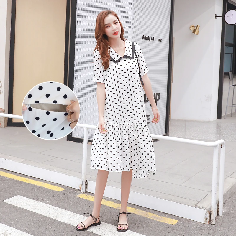 

4062# Summer Korean Fashion Dot Printed Maternity Nursing Dress Sweet Lovely Breastfeeding Clothes for Pregnant Women Pregnancy