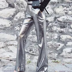 Женские Модные Серебристые расклешенные брюки с высокой талией на молнии с позолоченной пряжкой наряд мешковатые широкие брюки mujer