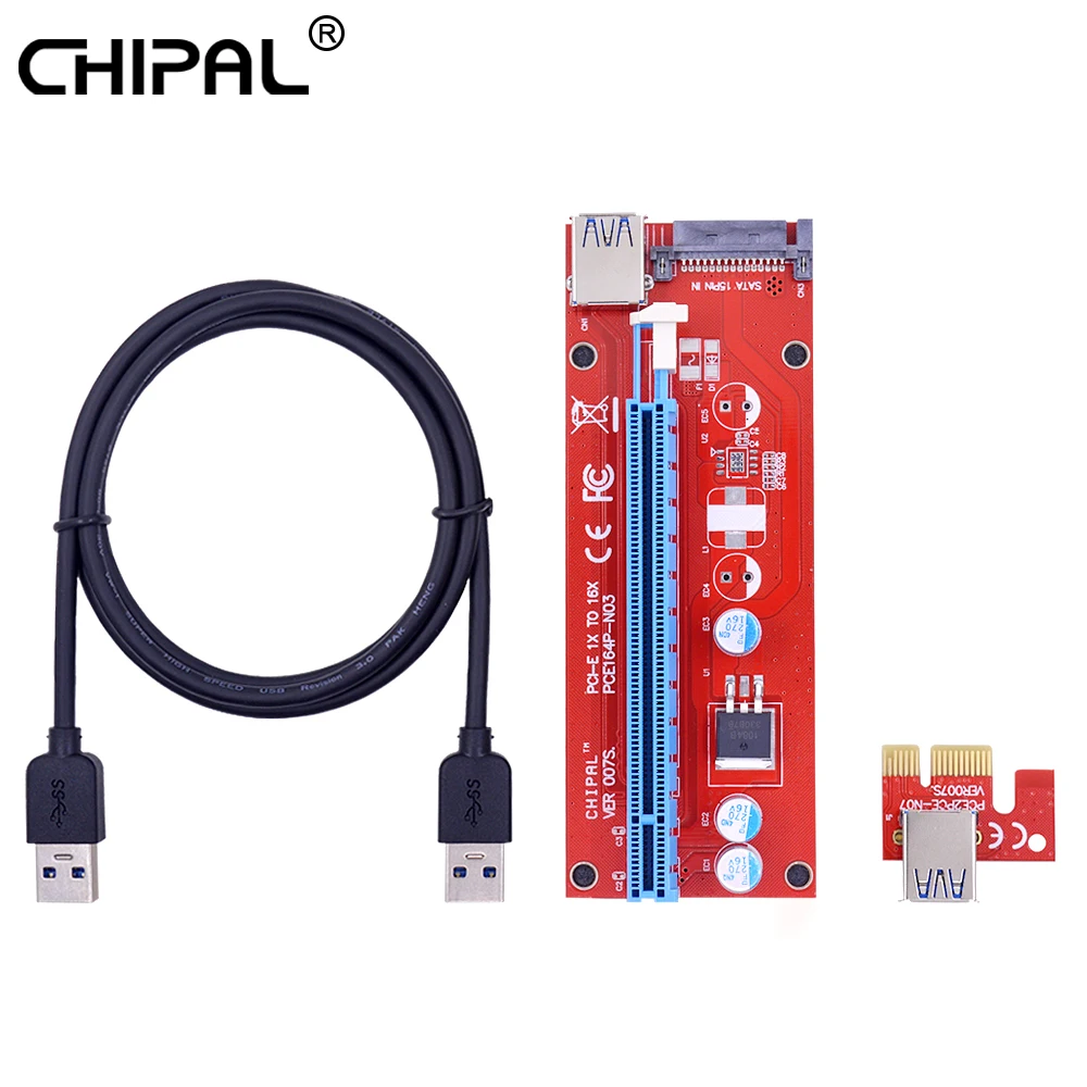 CHIPAL VER007S 1 м PCI-E Riser Card PCIE 1X к 16X Extender адаптер + кабель USB 3 0/15Pin SATA molex Мощность для BTC LTC
