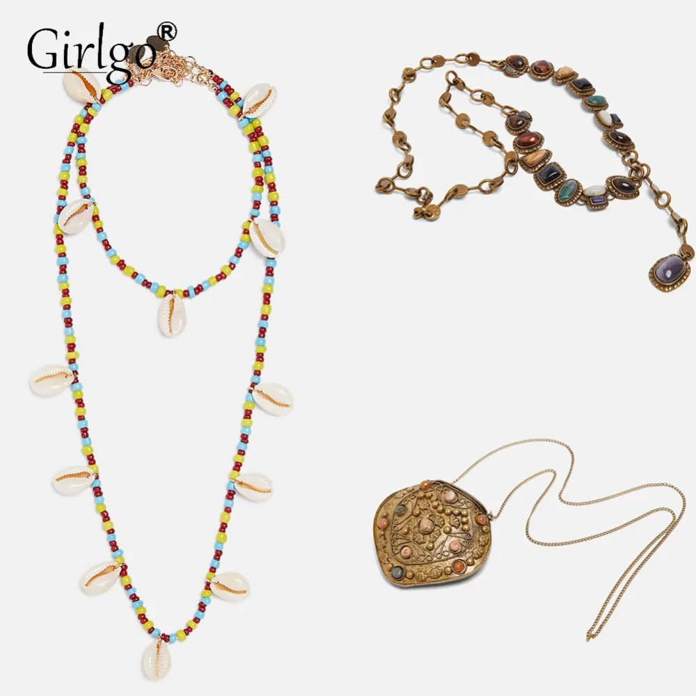 

Girlgo 2019 New Fashion ZA Shell Statement Necklace For Women Trendy Design Multicolor Choker Wedding Necklace Party Jewelry Hot