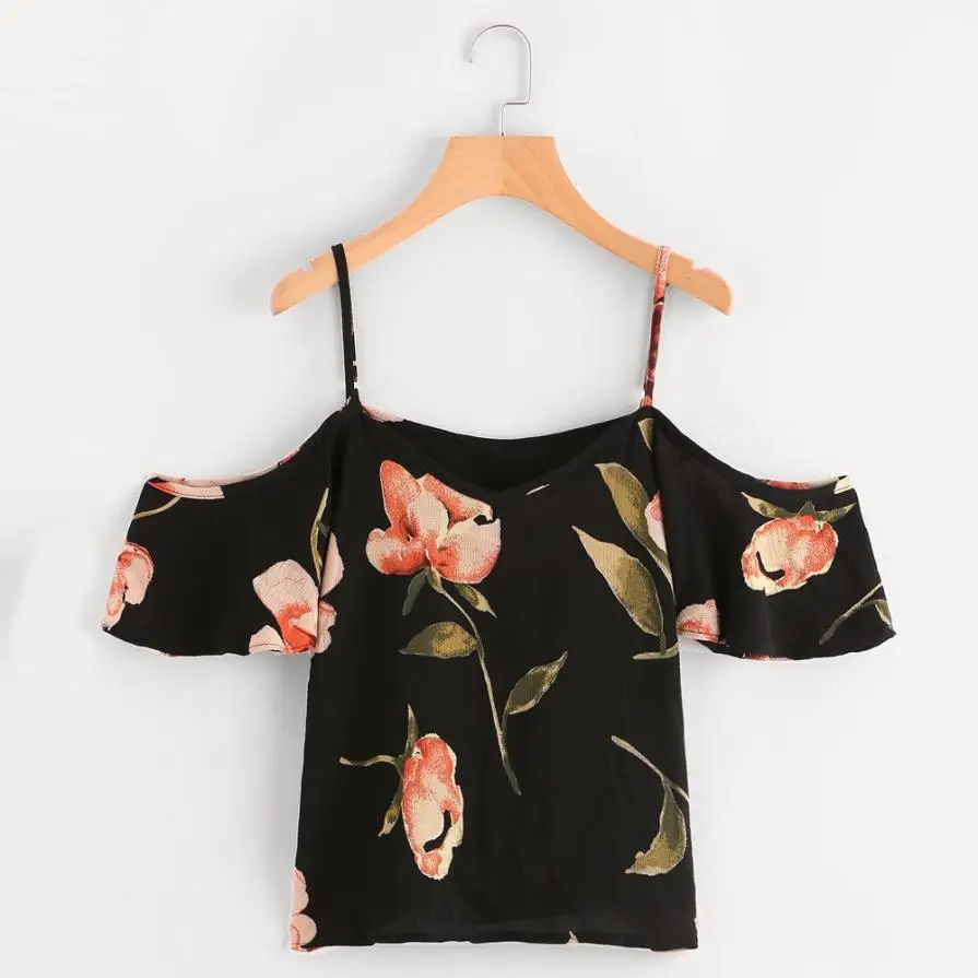 

KANCOOLD T-Shirt high quality lady Chiffon fashion Summer Printed T-shirt Cold Shoulder V-neck Top T-shirt women MAR31